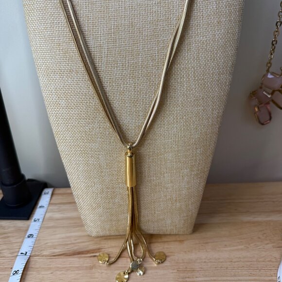 Long Gold-Tone Tassel Necklace With Cylinder Pendant & Dangling Charms By Chicos - Picture 3 of 11